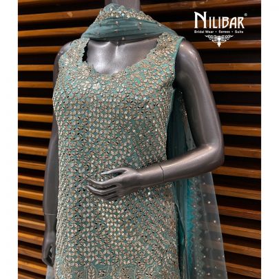 Peacock Blue Silk Short Top With Loose Sharara & Soft Net Dupatta