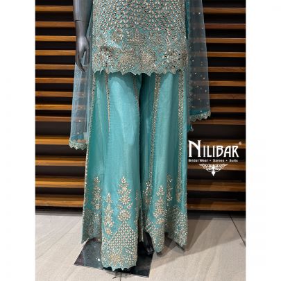 Peacock Blue Silk Short Top With Loose Sharara & Soft Net Dupatta