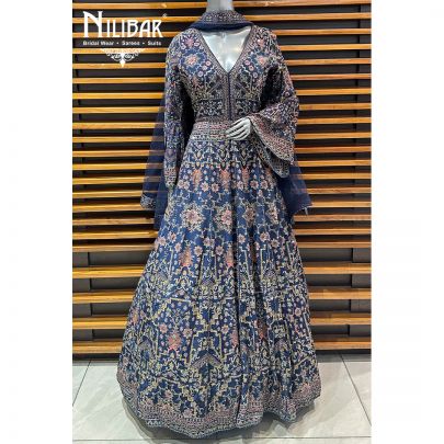 Blue Crepe Printed Anarkali Suit