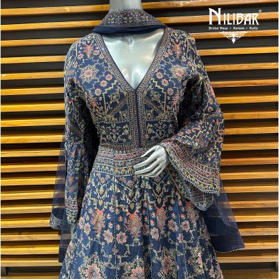 Blue Crepe Printed Anarkali Suit