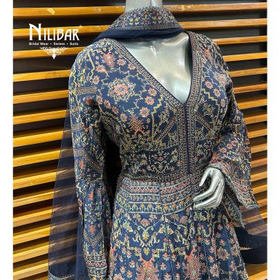 Blue Crepe Printed Anarkali Suit