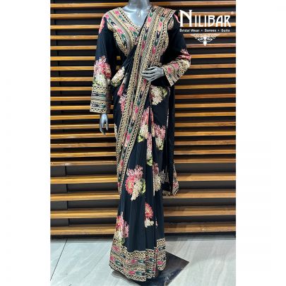 Black Crepe Printed Draped Saree