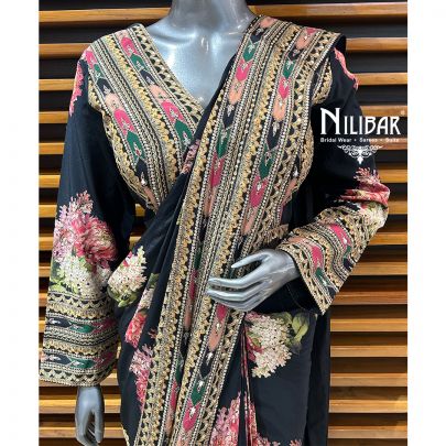 Black Crepe Printed Draped Saree