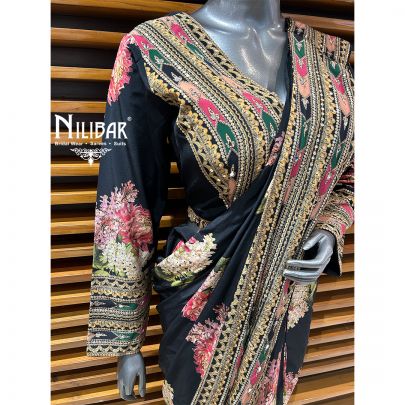 Black Crepe Printed Draped Saree