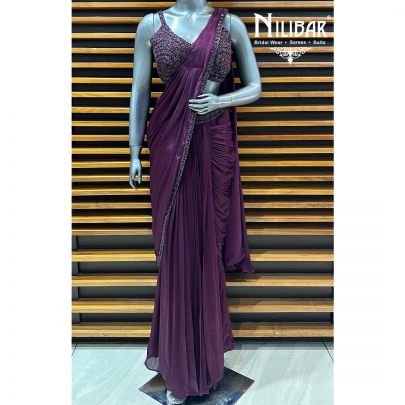 Wine Net Blouse With Chinon Drape Saree