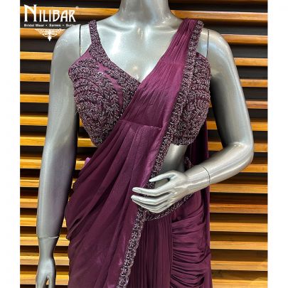 Wine Net Blouse With Chinon Drape Saree