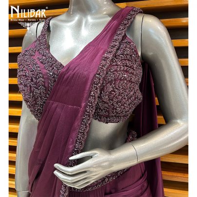 Wine Net Blouse With Chinon Drape Saree