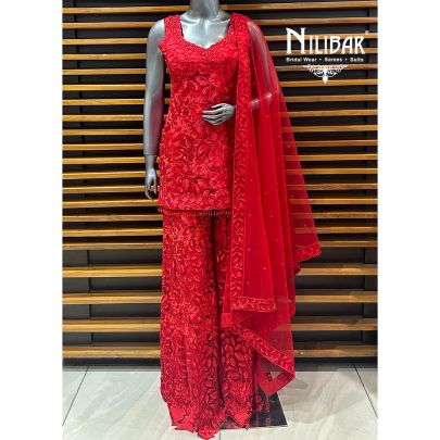 Red Net Flared Palazzo Set