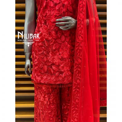 Red Net Flared Palazzo Set