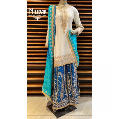 White and Blue Chinon Palazzo Set