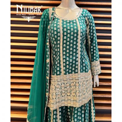 Bottle Green Silk and net palazzo suit