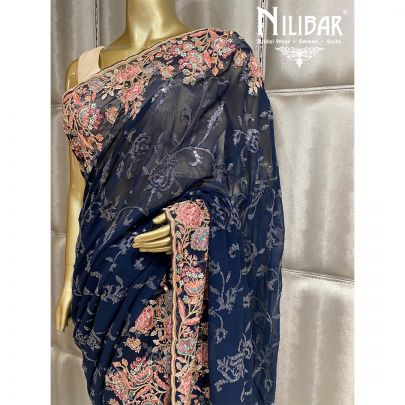 Navy Blue Georgette Saree