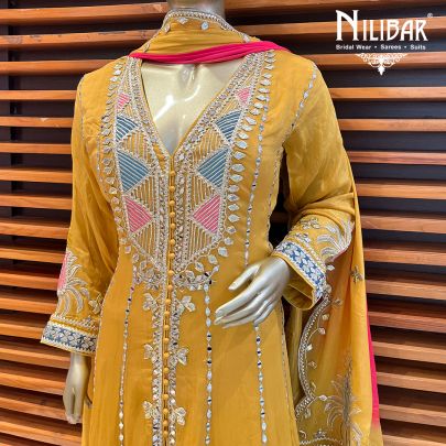 Mustard Silk and Chinon Anarkali Suit