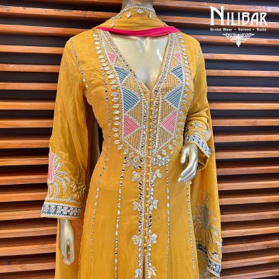 Mustard Silk and Chinon Anarkali Suit