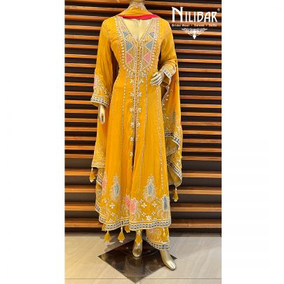Mustard Silk and Chinon Anarkali Suit