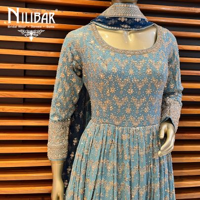Sky Blue and Navy Blue Georgette Anarkali Suit