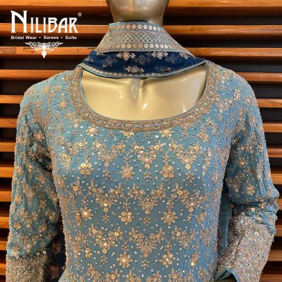 Sky Blue and Navy Blue Georgette Anarkali Suit