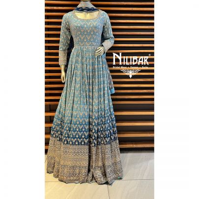 Sky Blue and Navy Blue Georgette Anarkali Suit