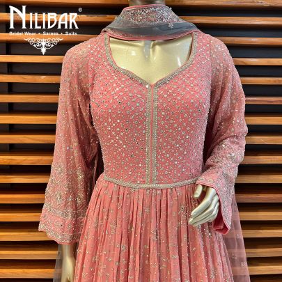 Peach Pink and  Grey Georgette and Net Anarkali Suit