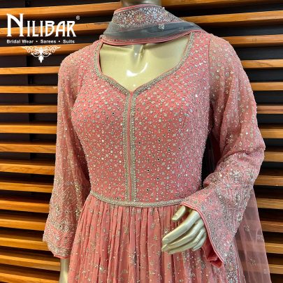 Peach Pink and  Grey Georgette and Net Anarkali Suit