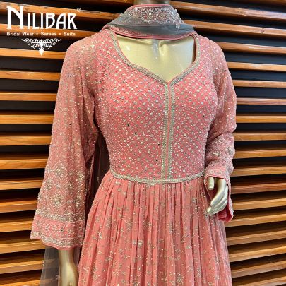 Peach Pink and  Grey Georgette and Net Anarkali Suit