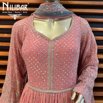 Peach Pink and  Grey Georgette and Net Anarkali Suit