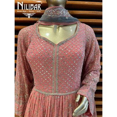 Peach Pink and  Grey Georgette and Net Anarkali Suit