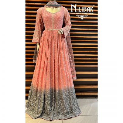 Peach Pink and  Grey Georgette and Net Anarkali Suit