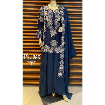 Denim Blue Crepe and Organza Indo Western Suit