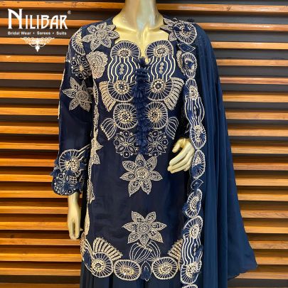 Denim Blue Crepe and Organza Indo Western Suit