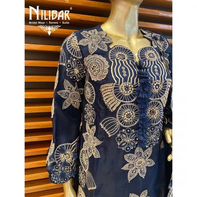 Denim Blue Crepe and Organza Indo Western Suit