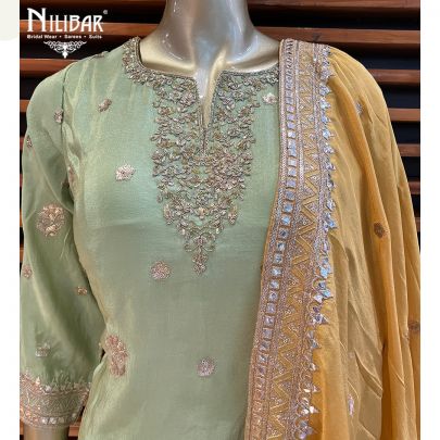 Pista Green and Mustard Chinon Palazzo Set