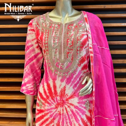 Red and Pink Silk and Organza Palazzo Suit Set