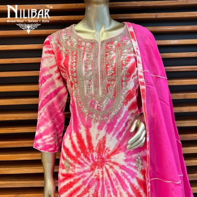 Red and Pink Silk and Organza Palazzo Suit Set