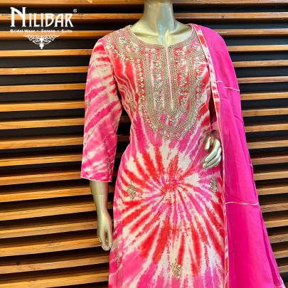 Red and Pink Silk and Organza Palazzo Suit Set