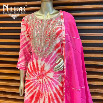 Red and Pink Silk and Organza Palazzo Suit Set
