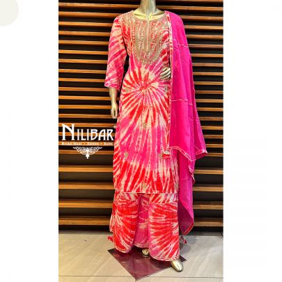 Red and Pink Silk and Organza Palazzo Suit Set