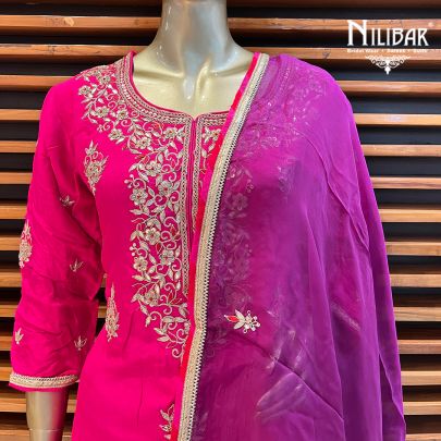 Hot Pink and Red Chinon Garara Suit Set