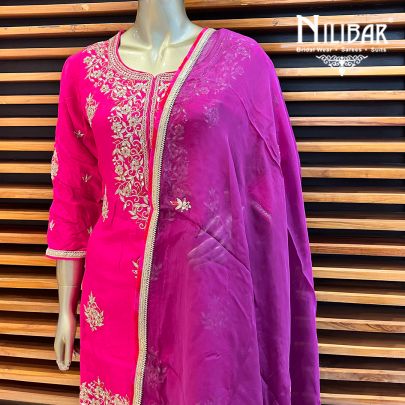 Hot Pink and Red Chinon Garara Suit Set