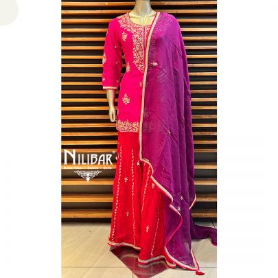 Hot Pink and Red Chinon Garara Suit Set