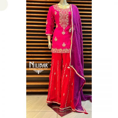 Hot Pink and Red Chinon Garara Suit Set