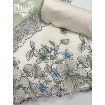 Light Cream and Green Munga Cotton Unstitched Suit