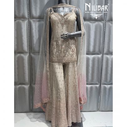 Beige & Pink Net Embroidered Palazzo Suit
