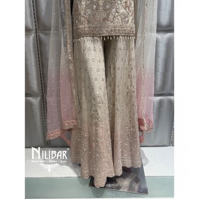 Beige & Pink Net Embroidered Palazzo Suit