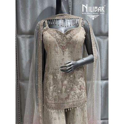 Beige & Pink Net Embroidered Palazzo Suit