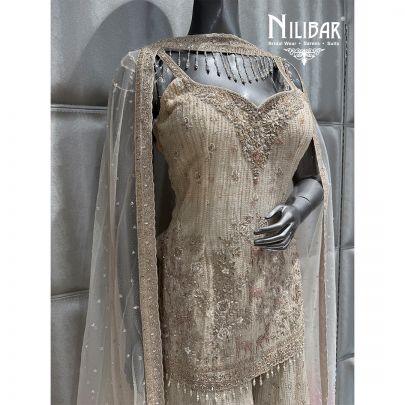 Beige & Pink Net Embroidered Palazzo Suit