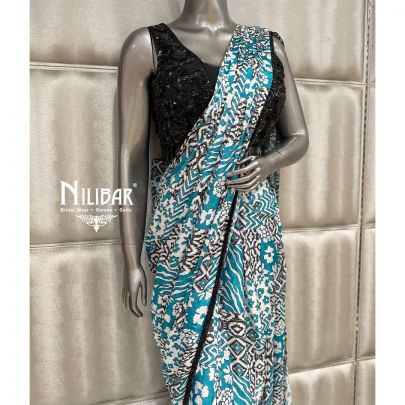 Teal Blue Chinnon Printed Drape Saree