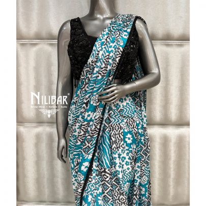 Teal Blue Chinnon Printed Drape Saree