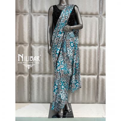 Teal Blue Chinnon Printed Drape Saree