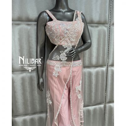 Baby Pink Silk Sharara Drape Saree